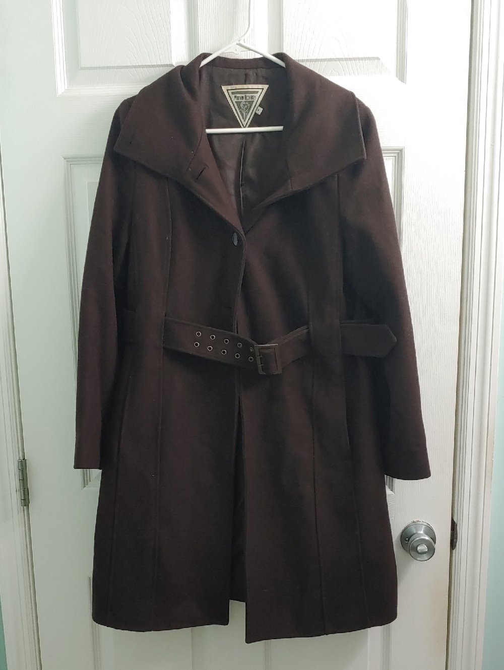 Vintage Marvin Richards Wool Coat Dark Brown Belted Trench Peacoat Womens Size M